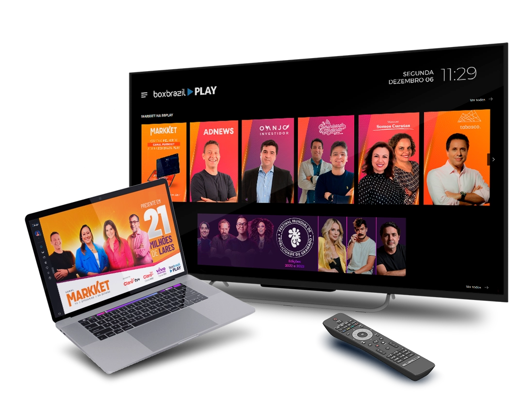 Televisão e Macbook com o canal Markket